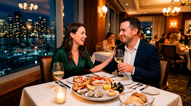 Romantic Dinner at Home Couple Enjoying Meal with City Night View