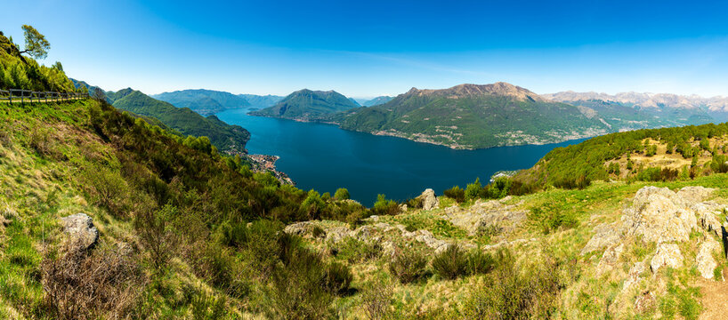 Panorama of Lake Como, with Tremezzina, Villa Balbianello, a glimpse of Lake Lugano, photographed from Alpe Camaggiore.
