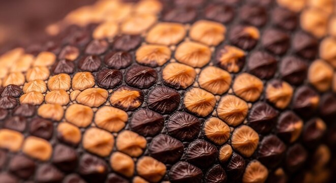 Close-up Macro Shot of Reptile Skin Texture with Orange and Brown Scales.