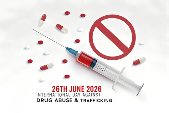 Medical syringe and assorted pills positioned near a circular red prohibition symbol to represent the global campaign for the international day against drug abuse and illicit trafficking which aims to