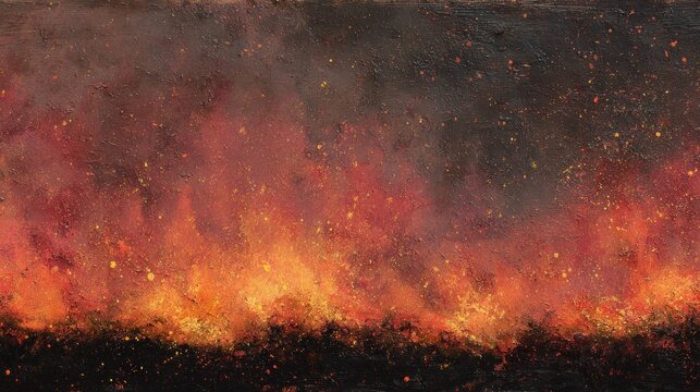 Fire and smoke with glowing embers and sparks in dark environment, intense burning and heat with orange and red flames and smoky atmosphere at night.