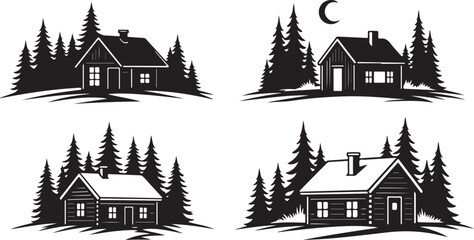 Fototapeta premium Black and white of four different houses with snow-covered roofs and christmas trees home cottage de