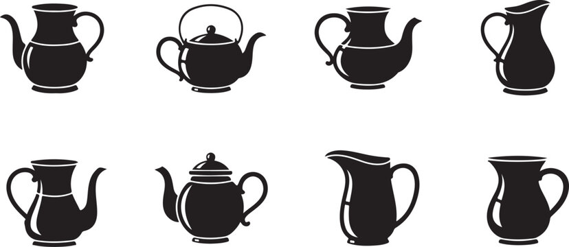 Black and white of eight different vases and jugs pottery ceramic