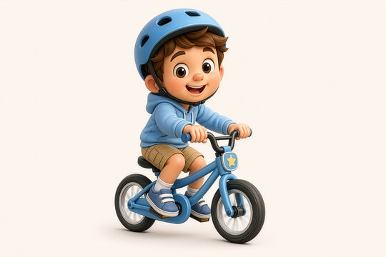 3D cartoon child riding a small blue bike, wearing a blue helmet and hoodie, shown in a playful motion pose on a clean light background.