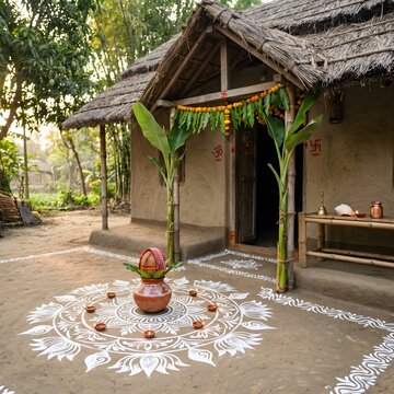 Two-slope thatched house with white rice paste alpona and clay ritual pot with coconut for puja celebration