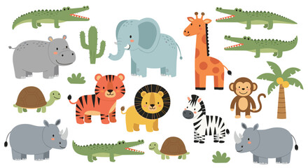 Obraz premium Cute Jungle Animal Icon Set Featuring Giraffe, Elephant, Tiger, Lion, Crocodile, Zebra, Rhino, and Monkey with Tropical Plants
