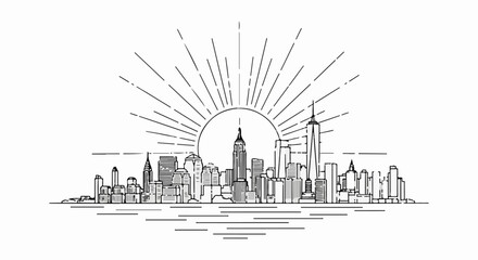 Naklejka premium Stylized line drawing of a city skyline at sunrise, with radiating lines