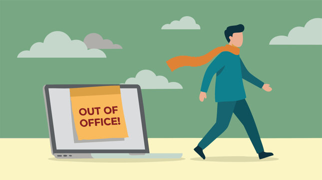 Man walking away from laptop with 'Out of Office' note, symbolizing work break