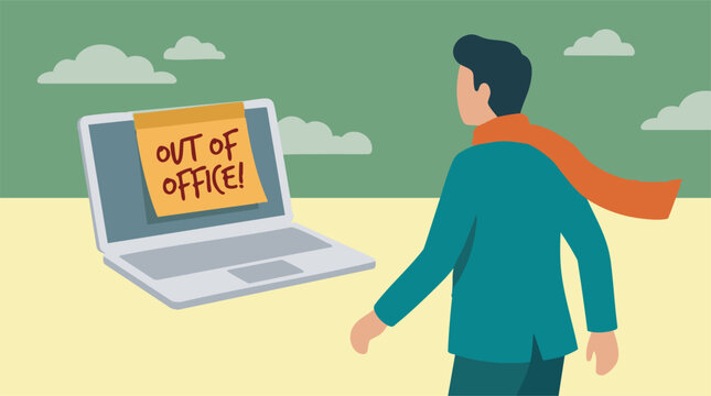 Out of Office Concept with Person Leaving Laptop and Sticky Note