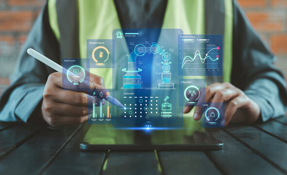 Predictive maintenance condition monitoring industry 4.0 engineer using tablet stylus hologram dashboard robotic arm data analytics smart factory, Asset management Planning System optimization