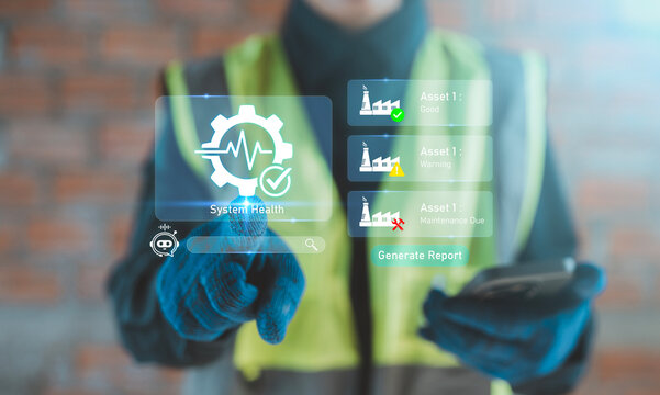 Predictive maintenance concept smart factory industry 4.0 engineer using smartphone app for system health monitoring asset management artificial intelligence hologram, Diagnostics, Asset management