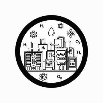 Hydrogen fuel cell technology illustration: electrolysis of water to produce hydrogen and oxygen for clean energy