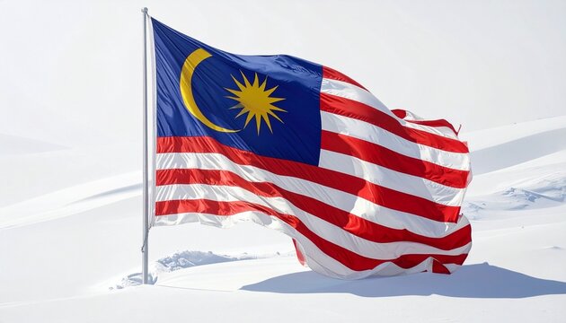 Malaysia national flag &ldquo;Jalur Gemilang&rdquo; with fourteen red and white stripes, blue rectangle, yellow crescent and star, waving outdoors, symbolizing unity, identity, and national pride.