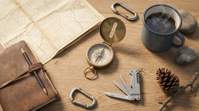 Outdoor Adventure Objects Flatlay Compass Map Leather Journal