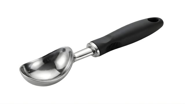 A stainless steel ice cream scoop with a black handle on transparent background