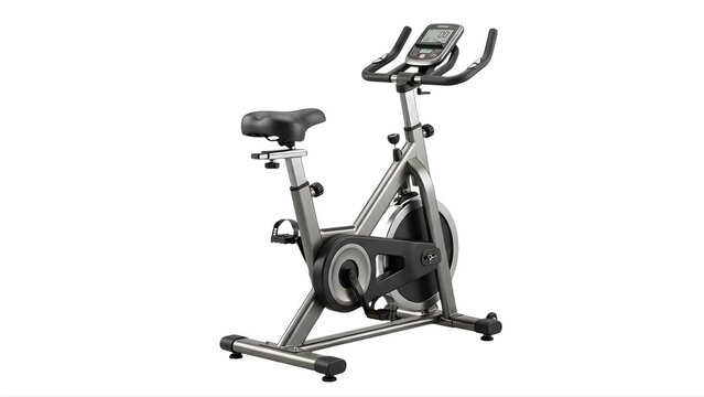 A stationary exercise bike with a digital display and black seat on transparent background