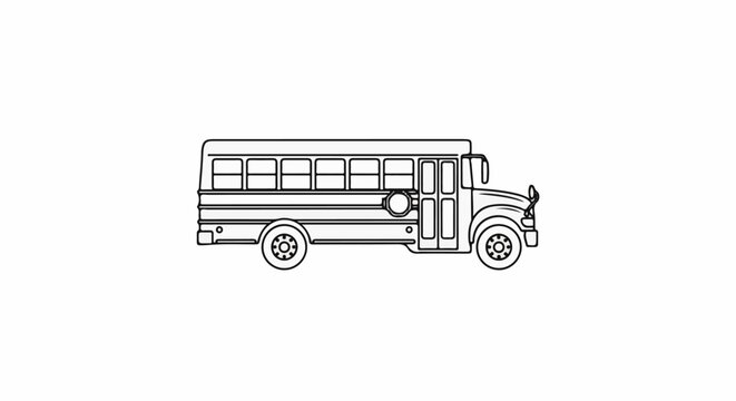 Stylized line art of a classic school bus with windows, wheels, and doors