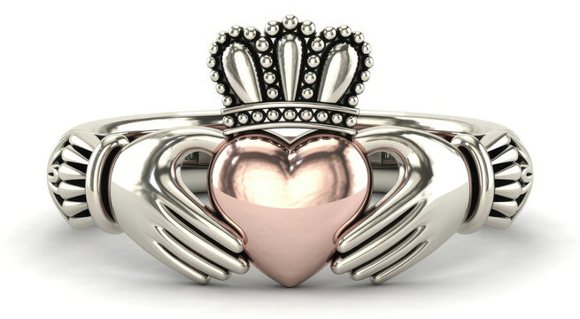 Detailed silver claddagh ring featuring a rose gold heart and crown on a white background