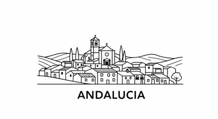 Obraz premium Stylized line art of a European village with rolling hills and a central church