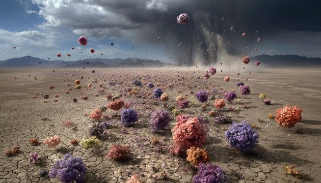 Floating seed bombs exploding into wildflower meadows over cracked desert earth on Earth Day, rainbow petals unfurling from clay orbs dropped by drone swarms,
