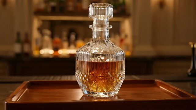 Professional Whiskey Decanter Standing on Bar Tray 4K Stock Video for Commercial Use