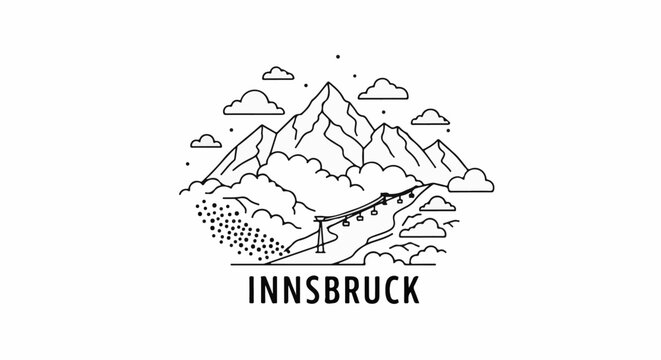 Stylized mountain landscape with ski lift and clouds, text below