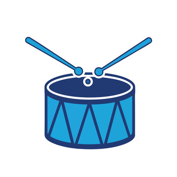 Minimalist blue drum icon with drumsticks.
