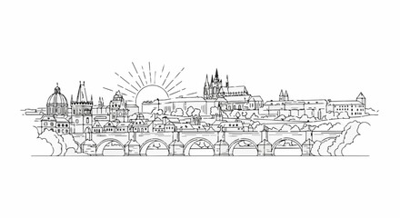 Fototapeta premium Stylized line drawing of a historic cityscape with a sunburst and arched bridge