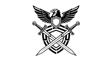 Fototapeta premium Eagle crest with swords and shield design black and white illustration