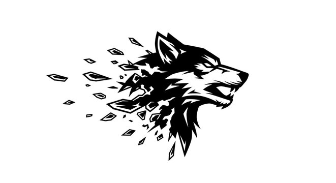 Dynamic wolf head graphic with shattering effect on white background