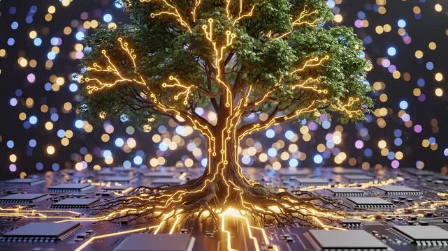 Tree with glowing roots on circuit board representing smart infrastructure and connectivity