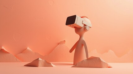 Fototapeta premium Minimalist scene depicts figure wearing vr headset. Peach tones dominate landscape, creating surreal, dreamlike atmosphere. Simple forms suggest mountains.