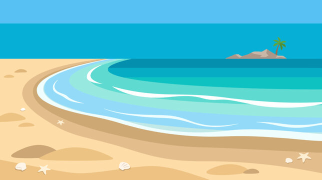 A peaceful beach scene showcases gentle waves lapping against the shore, with seashells scattered on the sand, evoking feelings of tranquility and relaxation.