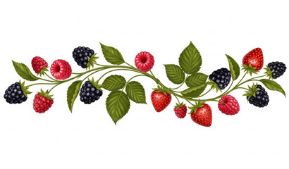 Horizontal wild berries composition vector realistic blackberries raspberries strawberries with leaves 3d food illustration isolated on white © Imran