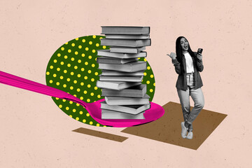 Naklejka premium Pop art full zine photo collage of happy girl guy stand library academic book stack education learner vocabulary encyclopedia spoon