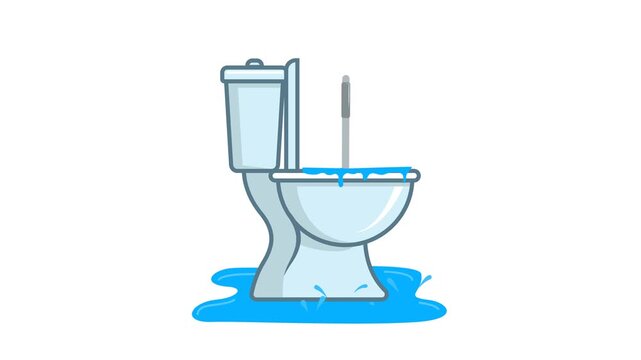 Toilet Overflow and Plunger Cleaning Animation Bathroom Repair and Hygiene Concept.  Transparent background, 4K resolution.