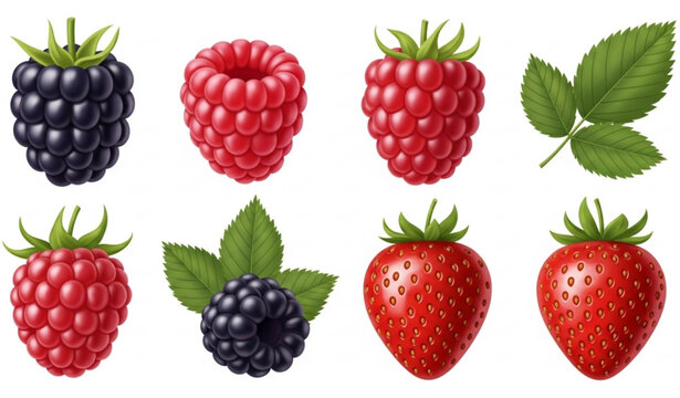 Wild forest berries realistic vector set isolated elements blackberries raspberries strawberries with leaves 3d illustration on white