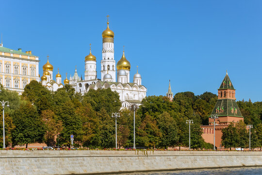Uspensky Sobor (Assumption Cathedral) on the Kremlin Embankment of Moscow river.
