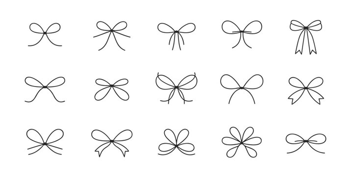 Collection of fifteen hand drawn black outline bow tie on white background ribbon knot decorative gift wrap