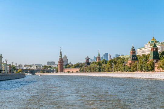 Kremlin Embankment and the Southern Kremlin Wall. Moscow river scape.