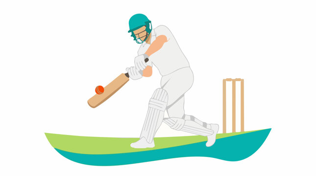 Cricketer in action batting with bat and ball, depicted in a flat vector style