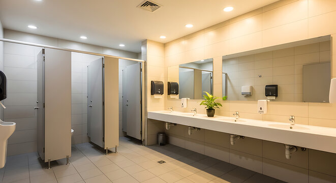 Clean and Modern Public Restroom with Stalls and Sinks
