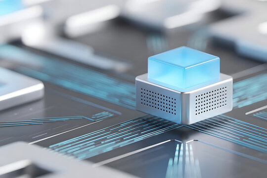 A futuristic blue cube sits atop a metallic grid on a circuit board with glowing lines