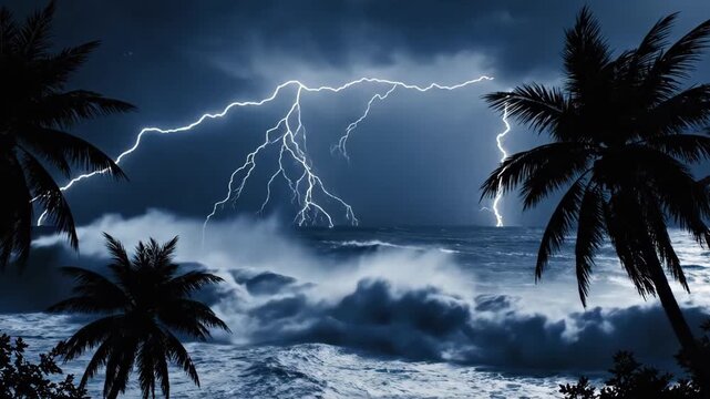 Lightning Strike During Stormy Night Over Ocean with Palm Trees