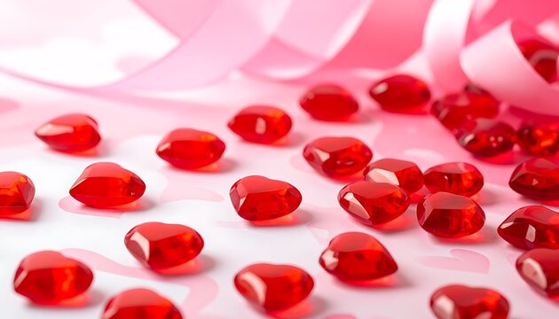 Small red hearts scattered on pink patterned paper with a curled pink ribbon