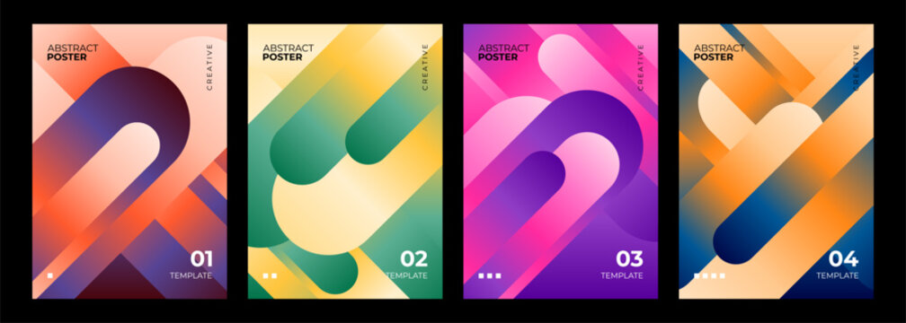 Abstract posters collection. Bright gradient dynamic geometric shapes on color background. Creative graphic designs. Vector illustration.
