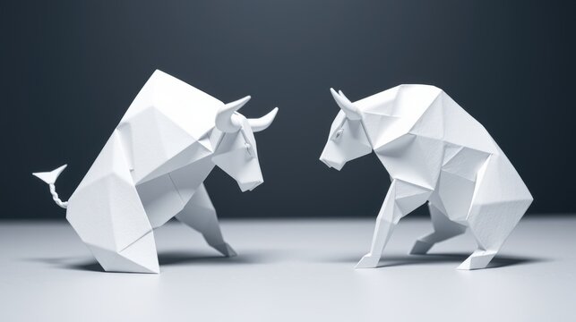 Polygonal bulls face off. Minimalist design, white figures contrast dark background. Sharp angles define animal forms. Dramatic lighting.