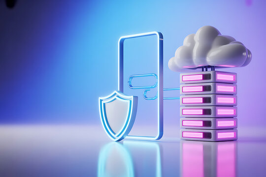A glowing smartphone with a shield icon connects to a secure server stack with a cloud on top in a futuristic digital environment.