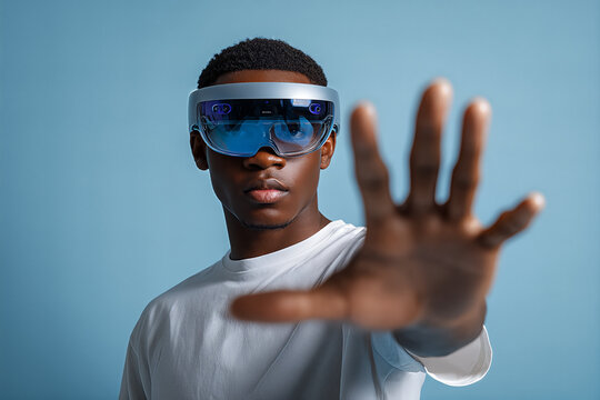 Young African American mixed - reality developer with focused expression reaching forward with open hand, blue visor headset and white T‑shirt on light blue backdrop