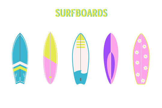Set of colorful surfboards with different patterns. Summer vacation concept with surfing equipment for water sports and beach holiday design